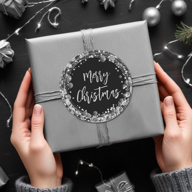 Merry Christmas Twinkling Silver Stars Classic Round Sticker (Silver Stars Merry Christmas Classic Round Stickers)