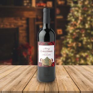 Merry Christmas Two Bears Tree Decorating Wine Label