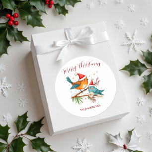 Merry Christmas Two  Loving Birds Classic Round Sticker
