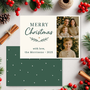Merry Christmas Two Photo Green Holiday Flat Card