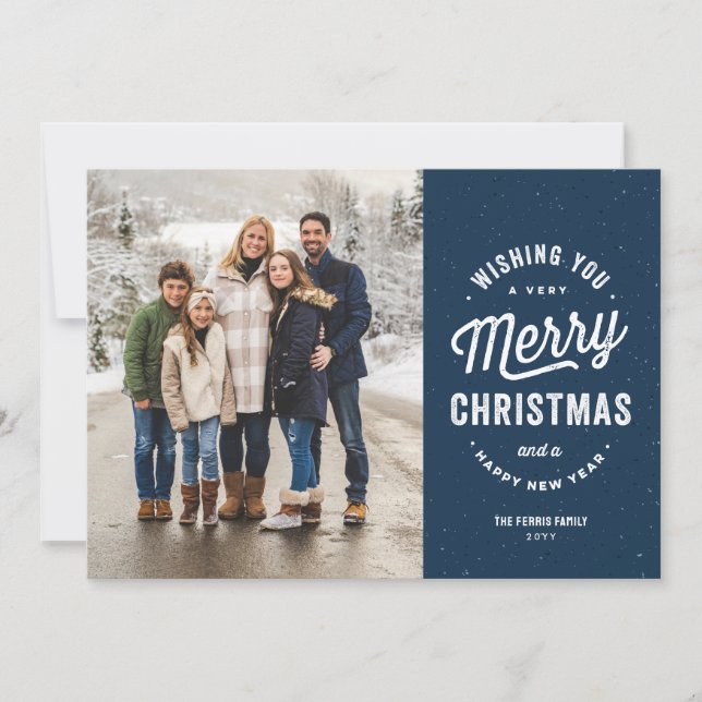 Merry Christmas two photo navy outdoorsy family Holiday Card (Front)
