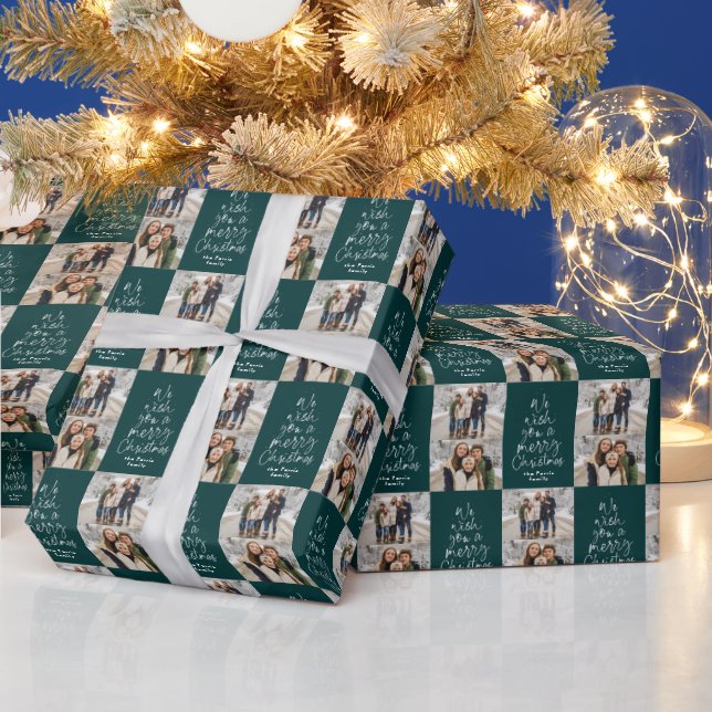 Merry Christmas two photo personalised dark green Wrapping Paper (Holidays)