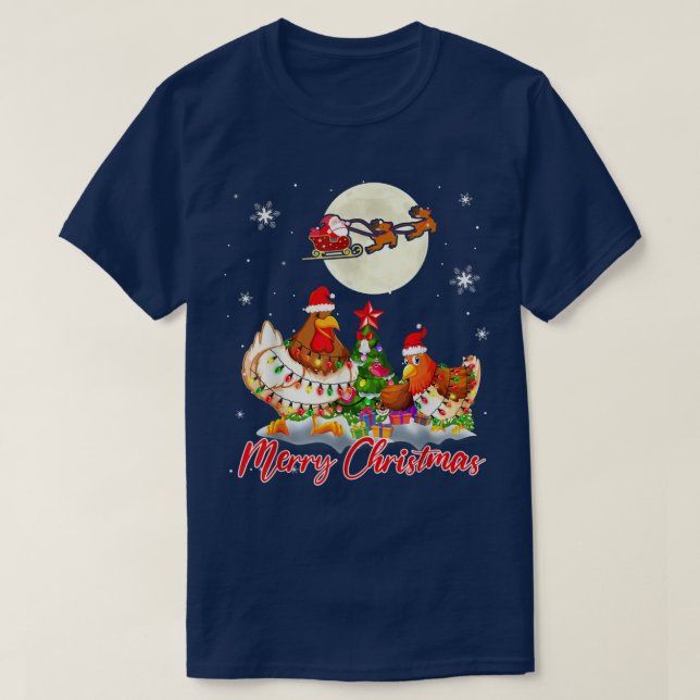 Merry Christmas Two Santa Chickens Xmas Tree Light T-Shirt (Design Front)