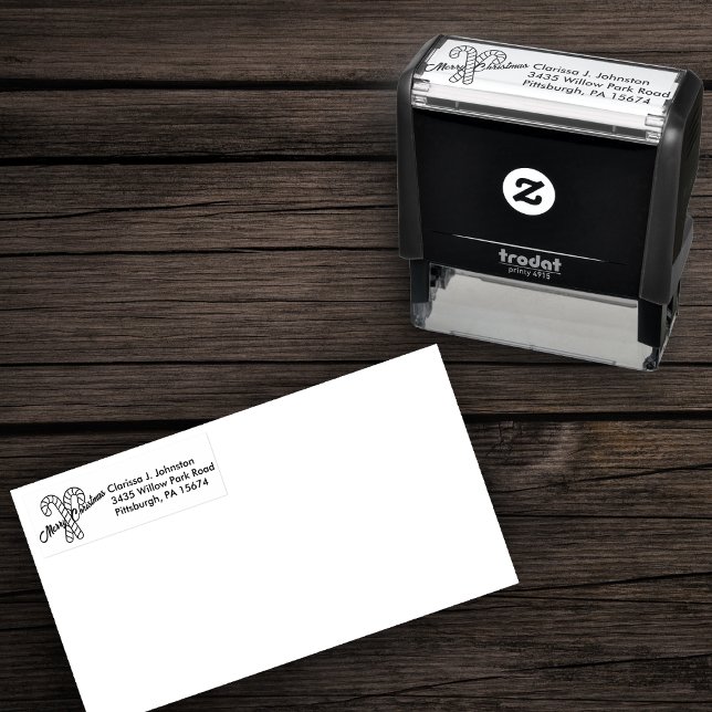 Merry Christmas Two striped Candy Canes Outline Self-inking Stamp (Two Merry Christmas striped candy canes on self inking return  address stamp.)
