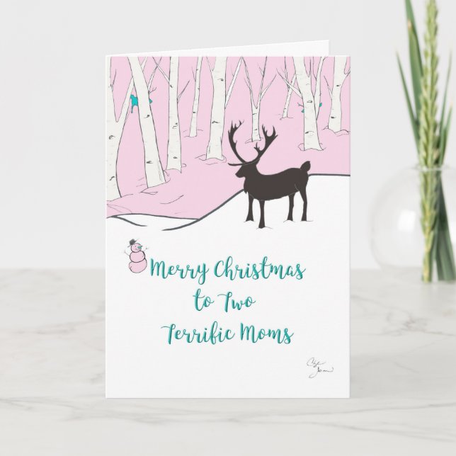 Merry Christmas Two Terrific Moms, Whimsical Holiday Card (Front)