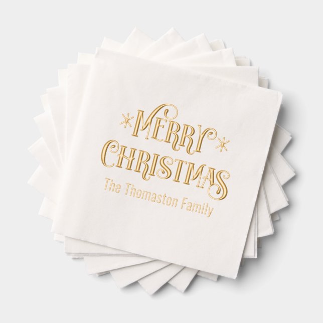 Merry Christmas Typography #11 Family Name Foil Napkins (Insitu (Stacked))