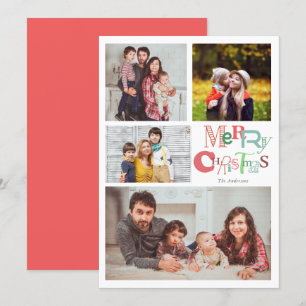 Merry Christmas Typography 4 Photo Collage Pink Invitation