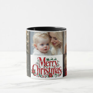 Merry Christmas Typography Babys 5 Photo Collage Mug
