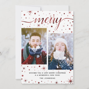 Merry Christmas Typography Burgundy 2-Photo Holiday Card