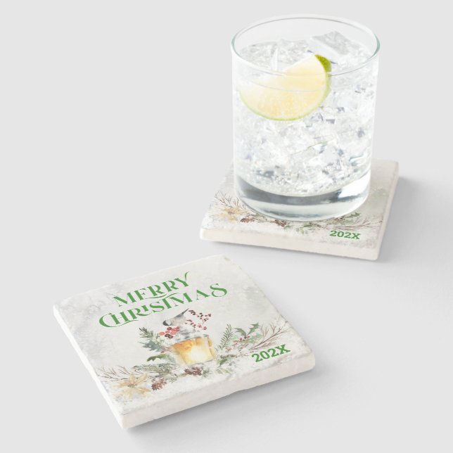 Merry Christmas Typography & Christmas bouquet Stone Coaster (Side)