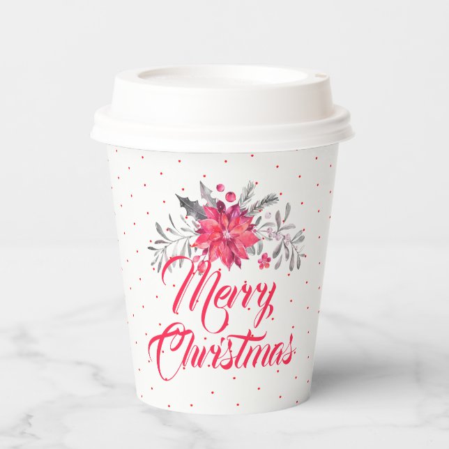 Merry Christmas Typography & Christmas Flowers Pap Paper Cups (Front)