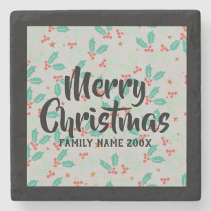Merry Christmas Typography Christmas Holly Stone Coaster