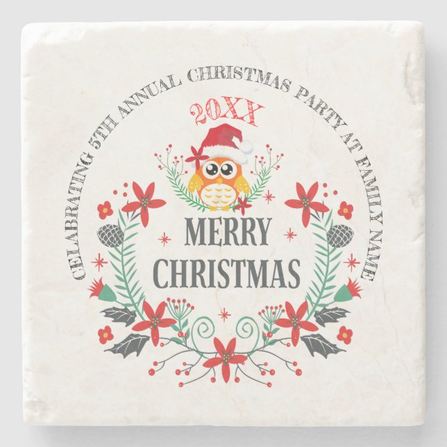 Merry Christmas Typography & Christmas Owl Bouquet Stone Coaster (Front)