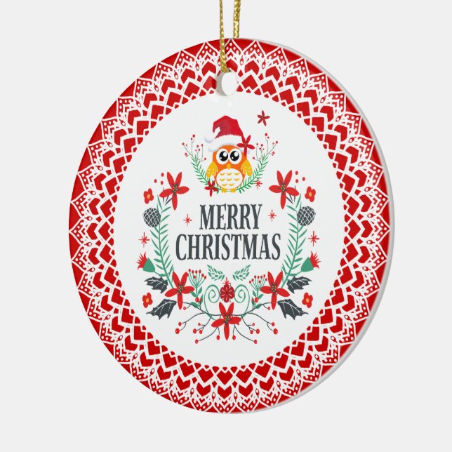 Merry Christmas Typography & Christmas Owl Wreath Ceramic Tree Decoration (Left)