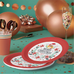 Merry Christmas Typography & Christmas Owl Wreath Paper Plate