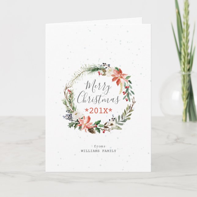 Merry Christmas Typography & Christmas Wreath Holiday Card (Front)