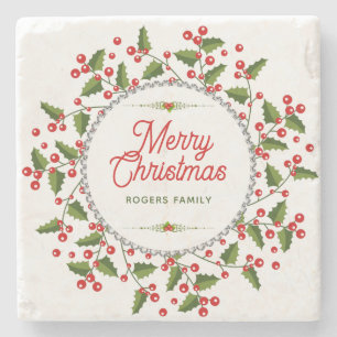 Merry Christmas Typography & Christmas Wreath Stone Coaster