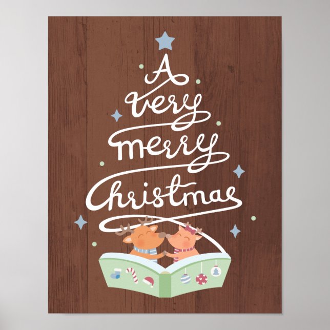 Merry Christmas Typography Cute Reindeers Poster (Front)
