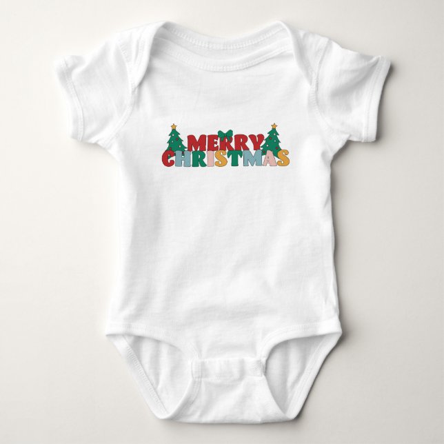 Merry Christmas Typography Decorated Pine Tree Baby Bodysuit (Front)