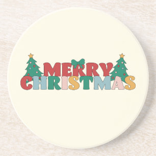 Merry Christmas Typography Decorated Pine Tree Coaster