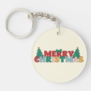 Merry Christmas Typography Decorated Pine Tree Key Ring