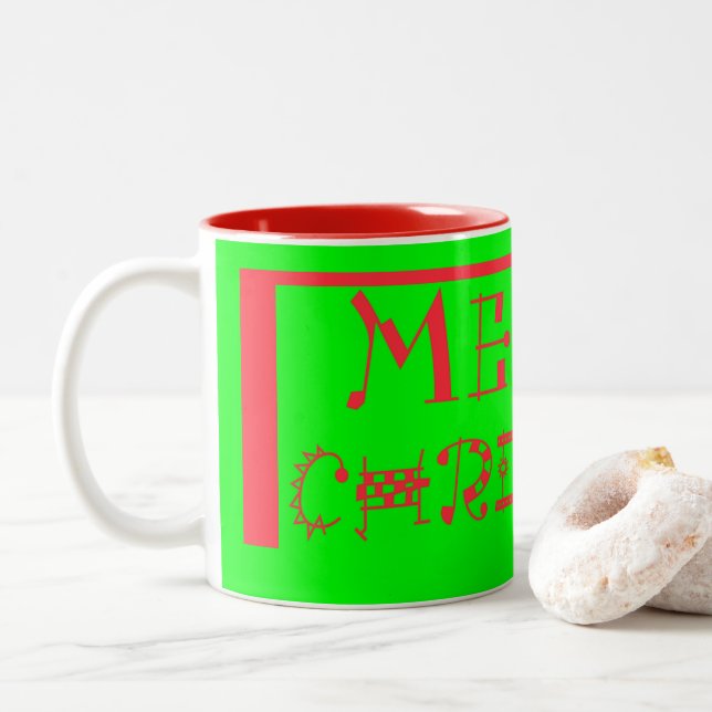 Merry Christmas Typography Design: A Festive Retro Two-Tone Coffee Mug (With Donut)