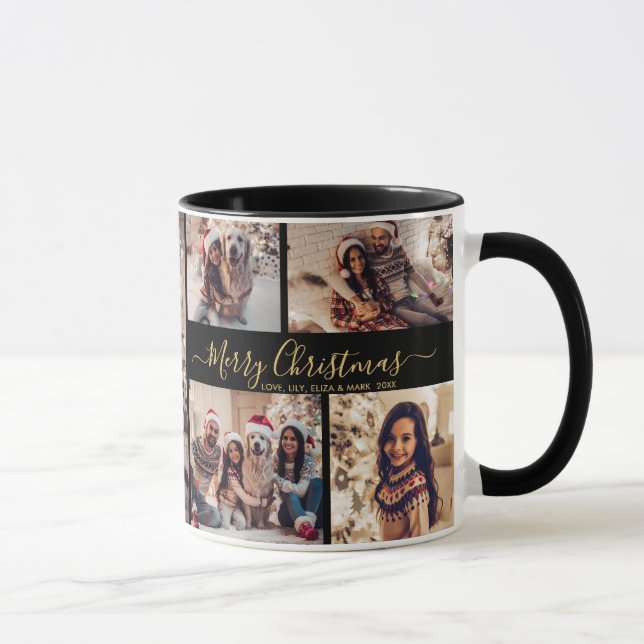 Merry Christmas Typography Family 5 Photo Collage  Mug (Right)