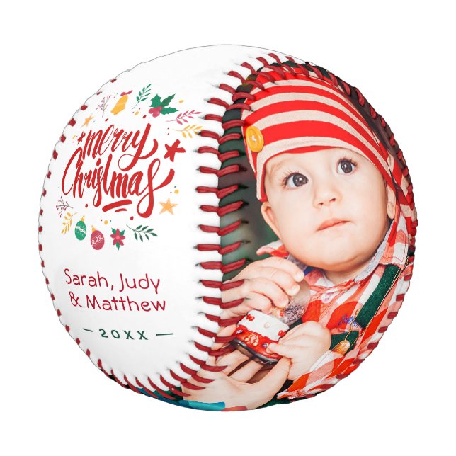 Merry Christmas Typography Family Kids Photo Baseball (Angled)
