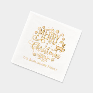 Merry Christmas Typography Family Name  Foil Napkins