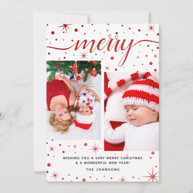 Merry Christmas Typography Festive Red 2-Photo Holiday Card (Front)