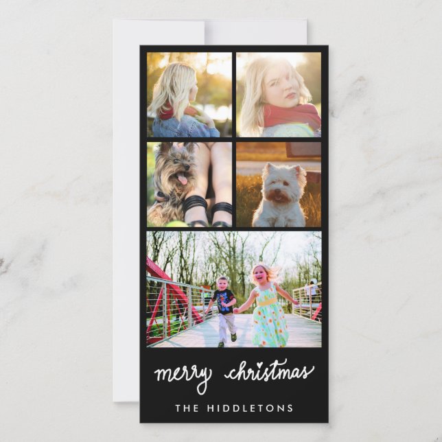 Merry Christmas Typography Five Photo Collage Holiday Card (Front)