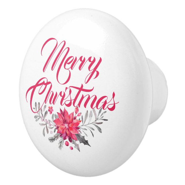 Merry Christmas Typography & Floral Bouquet Ceramic Knob (Right)