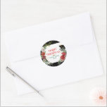 Merry Christmas Typography & Floral Wreath Coaster Classic Round Sticker<br><div class="desc">Elegant modern script typography-Merry Christmas with colourful Christmas flowers wreath. Optional customisable text.</div>
