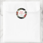 Merry Christmas Typography & Floral Wreath Coaster Classic Round Sticker<br><div class="desc">Elegant modern script typography-Merry Christmas with colourful Christmas flowers wreath. Optional customisable text.</div>