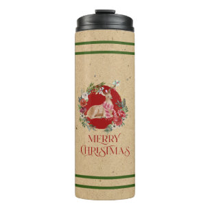 Merry Christmas typography Floral wreath with deer Thermal Tumbler