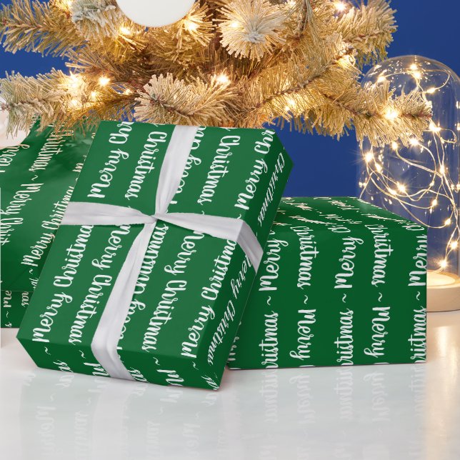 Merry Christmas Typography in White on Green Gift Wrapping Paper (Holidays)