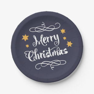Merry Christmas Typography Light Blue White Paper Plate