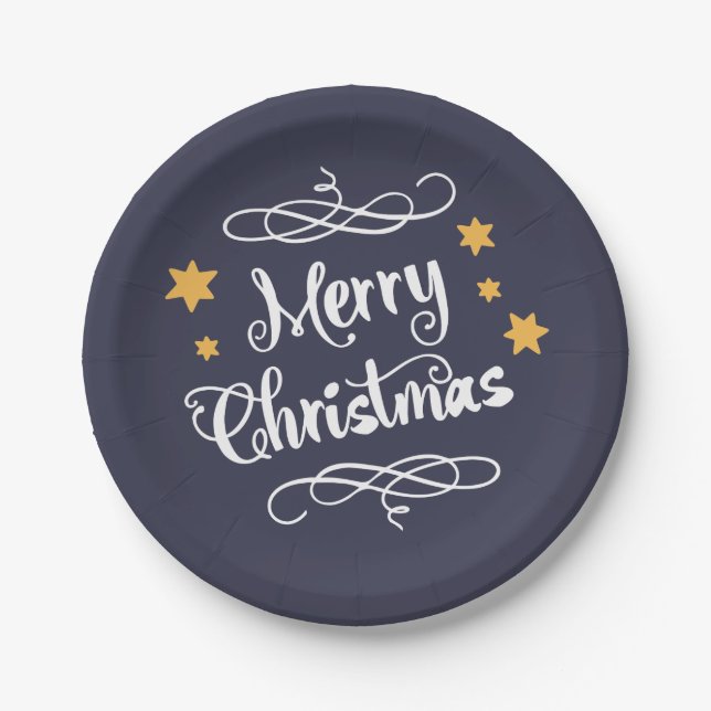 Merry Christmas Typography Light Blue White Paper Plate (Front)