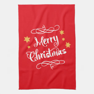Merry Christmas Typography Light Red White Tea Towel