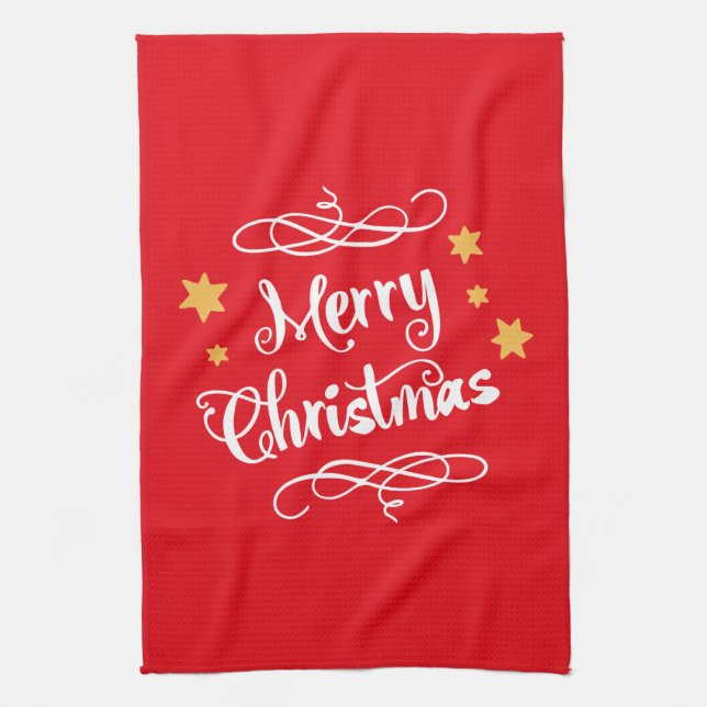 Merry Christmas Typography Light Red White Tea Towel (Vertical)