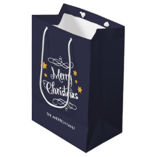 Merry Christmas Typography Midnight Blue White Medium Gift Bag