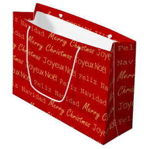 Merry Christmas Typography Noel Navidad Gold Red Large Gift Bag