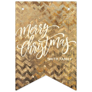 Merry Christmas Typography on Gold Chevron Texture Bunting