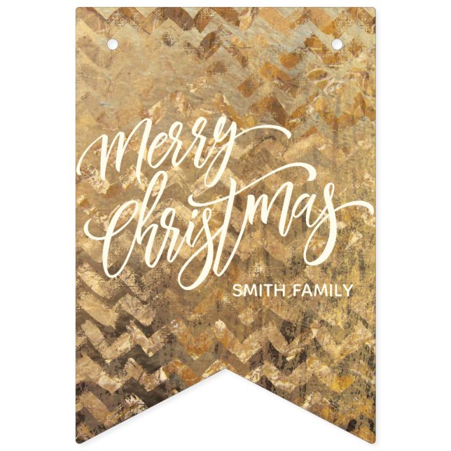 Merry Christmas Typography on Gold Chevron Texture Bunting (First Flag)