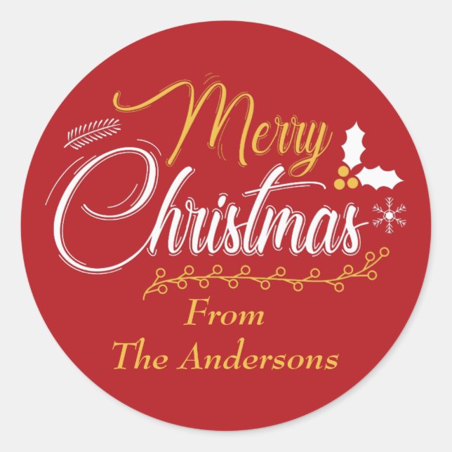 Merry Christmas Typography Personalised Classic Round Sticker (Front)