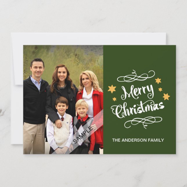 Merry Christmas Typography Personalised Photo Gree Holiday Card (Front)