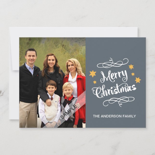 Merry Christmas Typography Personalised Photo Grey Holiday Card (Front)