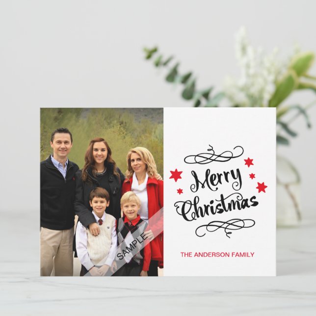 "Merry Christmas" Typography Personalised Photo Holiday Card (Standing Front)