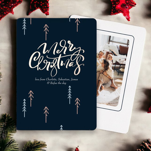 Merry Christmas Typography Photo Personalised Foil Holiday Card (Merry Christmas real foil typography with Christmas tree detail, holiday cards from Ricaso)