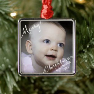 Merry Christmas Typography Photo & Year Custom Metal Tree Decoration